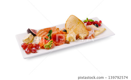 Cheese and meat platter with fruits on a white serving tray Cheese and meat platter with fruits on a white serving tray 139792574