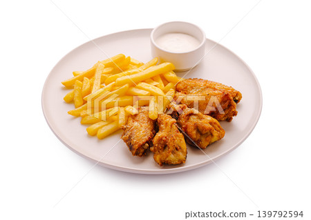 Fried chicken wings served with french fries and ranch dressing on a plate Fried chicken wings served with french fries and ranch dressing on a plate 139792594