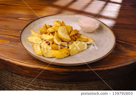Potato wedges served with dipping sauce at a wooden table during the day Potato wedges served with dipping sauce at a wooden table during the day 139792603