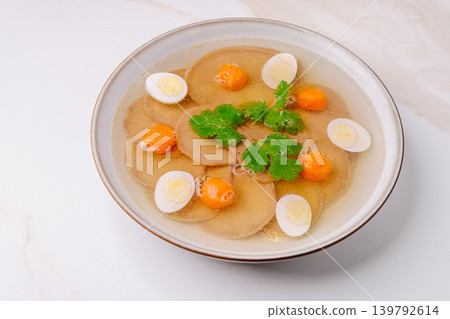 Beef tongue aspic with quail eggs and carrots Beef tongue aspic with quail eggs and carrots 139792614