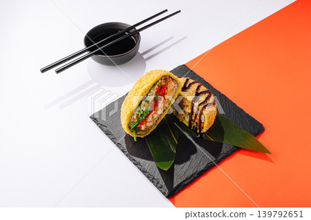 Sushi sandwich served on a black slate plate with chopsticks and sauce Sushi sandwich served on a black slate plate with chopsticks and sauce 139792651