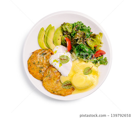 Potato pancakes with poached egg avocado and salad and sauces at a dining table Potato pancakes with poached egg avocado and salad and sauces at a dining table 139792658