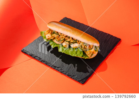 Delicious sandwich on a black plate against a bright orange background Delicious sandwich on a black plate against a bright orange background 139792660