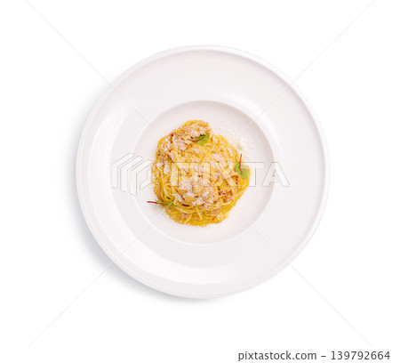 Spaghetti served on a round white plate with sauce and toppings Spaghetti served on a round white plate with sauce and toppings 139792664