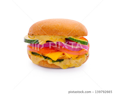 Freshly made sandwich with vegetables and cheese stacked neatly in bun Freshly made sandwich with vegetables and cheese stacked neatly in bun 139792665