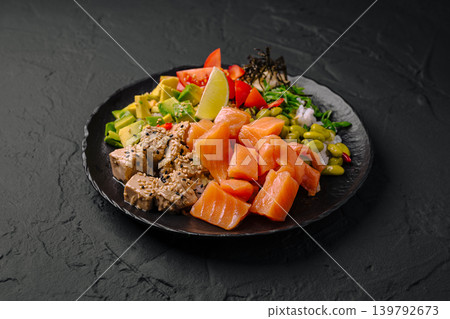 Fresh seafood and vegetables served on a black plate 139792673