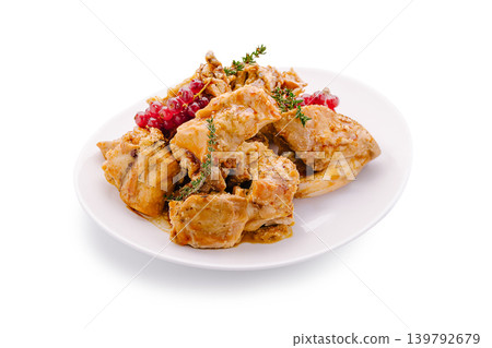 Delicious pieces of chicken served on a white plate with herbs and pomegranate Delicious pieces of chicken served on a white plate with herbs and pomegranate 139792679