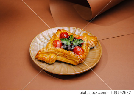 Fresh baked pastry with strawberry and mint on a simple plate Fresh baked pastry with strawberry and mint on a simple plate 139792687