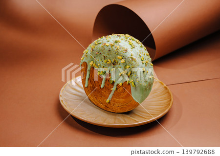 Pistachio croissant roll with green glaze and nuts Pistachio croissant roll with green glaze and nuts 139792688