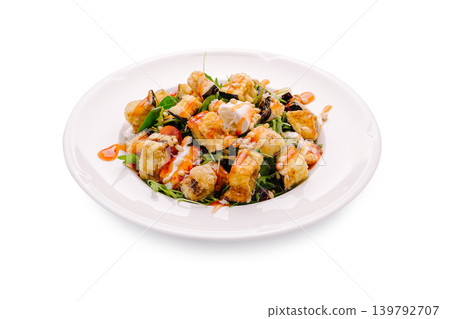 Crispy eggplant salad with greens and sweet sauce Crispy eggplant salad with greens and sweet sauce 139792707