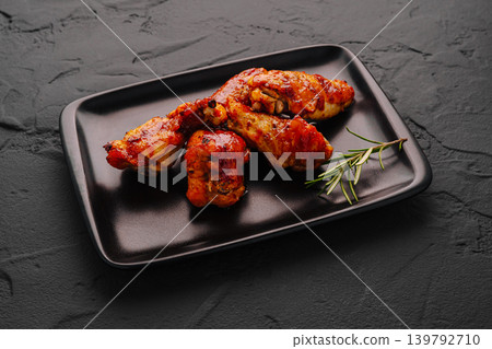 Grilled chicken wings on a black plate with rosemary Grilled chicken wings on a black plate with rosemary 139792710