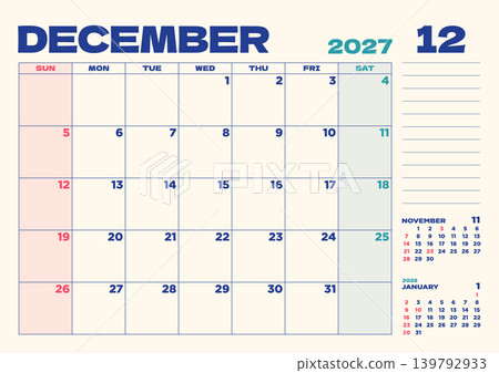 2027 Desk Calendar: December, includes Japanese holidays, Sunday start 2027 Desk Calendar: December, includes Japanese holidays, Sunday start 139792933