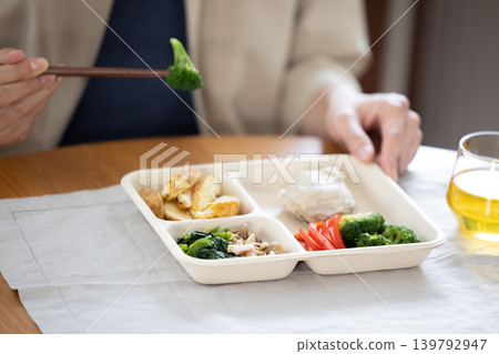 一名男子正在吃送來的便當盒，他的手在吃。 139792947