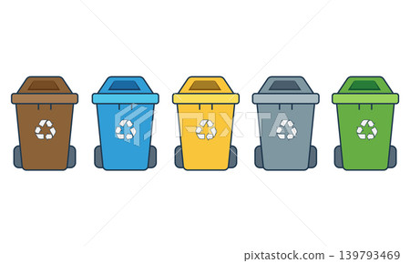 Waste sorting and recycling process infographic vector illustration. Garbage types recycling stages set: organic, plastic, glass, metal, and paper waste management in flat style. 139793469