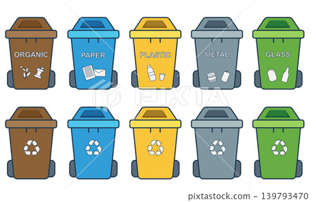 Waste sorting and recycling process infographic vector illustration. Garbage types recycling stages set: organic, plastic, glass, metal, and paper waste management in flat style. Waste sorting and recycling process infographic vector illustration. Garbage types recycling stages set: organic, plastic, glass, metal, and paper waste management in flat style. 139793470