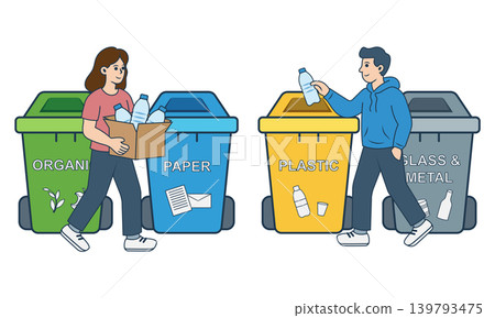 Waste sorting and recycling process infographic vector illustration. Garbage types recycling stages set: organic, plastic, glass, metal, and paper waste management in flat style. 139793475