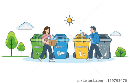 Waste sorting and recycling process infographic vector illustration. Garbage types recycling stages set: organic, plastic, glass, metal, and paper waste management in flat style. 139793476