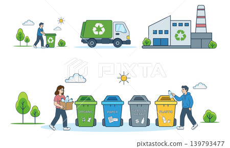 Waste sorting and recycling process infographic vector illustration. Garbage types recycling stages set: organic, plastic, glass, metal, and paper waste management in flat style. 139793477