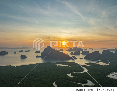 Aerial view colorful sky at sunrise over Samet Nang Chee viewpoint. Aerial view colorful sky at sunrise over Samet Nang Chee viewpoint. 139793955
