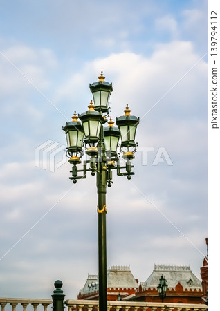 Ornate Historic Street Lamp with Gold Details Near Red Square in Moscow, Russia 139794112