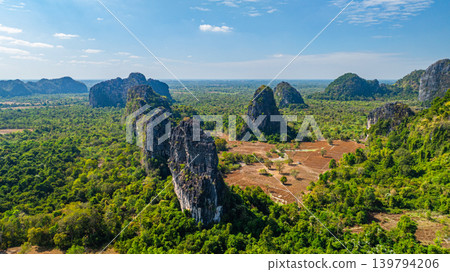 Dramatic Limestone Peaks Over Verdant Countryside in Laos Dramatic Limestone Peaks Over Verdant Countryside in Laos 139794206