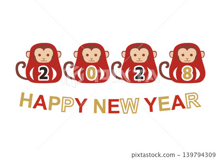 New Year's postcard template for the Year of the Monkey, 2028, featuring monkeys and Daruma dolls to celebrate. 139794309