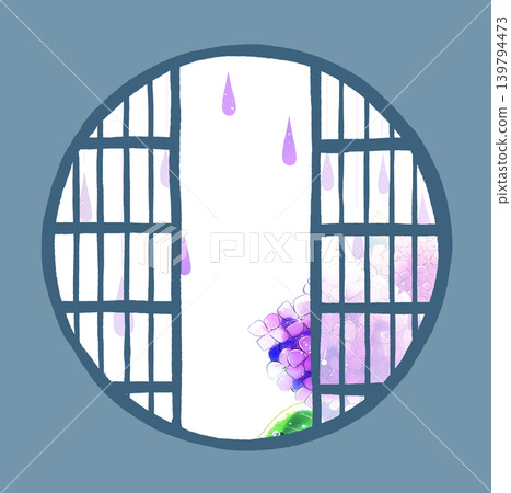 Hydrangeas visible through the round shoji screen in the rain Hydrangeas visible through the round shoji screen in the rain 139794473