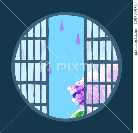 Hydrangeas visible through the round shoji screen in the rain Hydrangeas visible through the round shoji screen in the rain 139794478