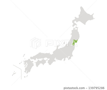 A simple map of Japan where only Miyagi Prefecture is green. A simple map of Japan where only Miyagi Prefecture is green. 139795286