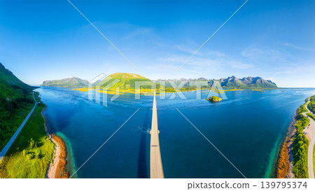 Drone view of a bridge over a fjord, Lofoten Islands, Norway. Panoramic view of the northern summer. 139795374