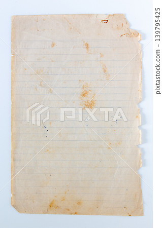 Aged old paper with torn edges on white background, top view. Vintage grunge paper texture with stains and worn edges flat lay, antique document background. Aged old paper with torn edges on white background, top view. Vintage grunge paper texture with stains and worn edges flat lay, antique document background. 139795425