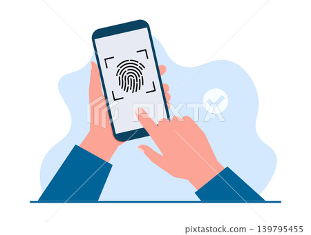 Hand holding smartphone with biometric fingerprint scan stock illustration. Hand holding smartphone with biometric fingerprint scan stock illustration. 139795455