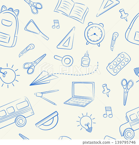 Seamless pattern with blue doodle school supplies and stationery on light beige background Seamless pattern with blue doodle school supplies and stationery on light beige background 139795746