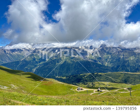 Mont Blanc massif view from alpine pastures of Les Contamines-Montjoie, France Mont Blanc massif view from alpine pastures of Les Contamines-Montjoie, France 139795856