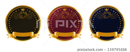 Luxurious gold badge set, premium label collection with crown, fireworks and ribbon. Luxurious gold badge set, premium label collection with crown, fireworks and ribbon. 139795886