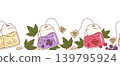 Red, White and Blackcurrant Berry Tea Bag Seamless Border. Natural Fruit Mixed Berries Infusion with Eco Tag and Leaves on White Background. Vector Illustration. Horizontal Website Footer and Header 139795924