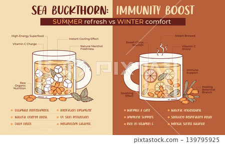 Sea Buckthorn Drink Infographic. Summer Iced Lemonade vs Winter Hot Warming Tea Comparison. Healthy Ingredients and Benefits. Vector Illustration. Informational Horizontal Eco Beverage Template 139795925