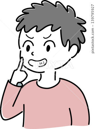 一個男人咧嘴笑著,食指放在嘴唇上(詭計多端、惡作劇、玩笑、秘密、角色)。 一個男人咧嘴笑著,食指放在嘴唇上(詭計多端、惡作劇、玩笑、秘密、角色)。 139795927