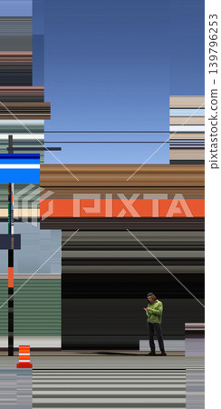 Man using smartphone near dark abstract storefront in modern city. Man using smartphone near dark abstract storefront in modern city. 139796253