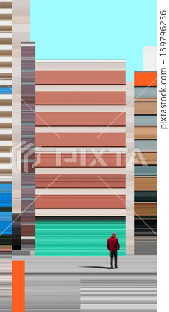 Man standing alone before abstract striped building in urban street. Man standing alone before abstract striped building in urban street. 139796256
