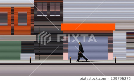 Businessman carrying briefcase past abstract modern storefront. 139796275