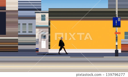 Businesswoman walking through abstract city street with large yellow wall 139796277
