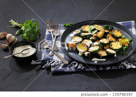 fried zucchini with garlic yogurt sauce on plate fried zucchini with garlic yogurt sauce on plate 139796397