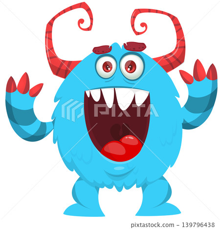 Cartoon scary monster with funny face expression waving hands . Vector illustration isolated on white. For Halloween party decoration or package design Cartoon scary monster with funny face expression waving hands . Vector illustration isolated on white. For Halloween party decoration or package design 139796438