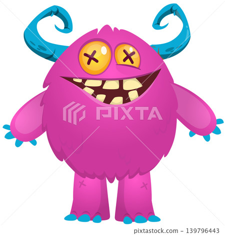 Cartoon scary monster with funny face expression waving hands . Vector illustration isolated on white. For Halloween party decoration or package design Cartoon scary monster with funny face expression waving hands . Vector illustration isolated on white. For Halloween party decoration or package design 139796443