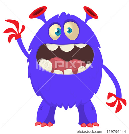 Cartoon scary monster with funny face expression waving hands . Vector illustration isolated on white. For Halloween party decoration or package design Cartoon scary monster with funny face expression waving hands . Vector illustration isolated on white. For Halloween party decoration or package design 139796444