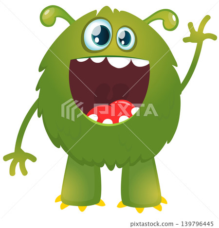 Cartoon scary monster with funny face expression waving hands . Vector illustration isolated on white. For Halloween party decoration or package design 139796445