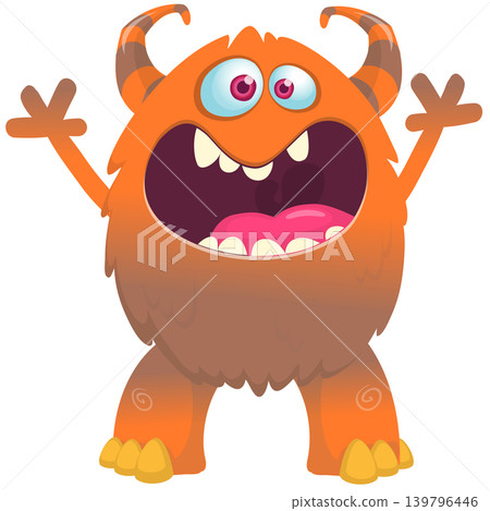 Cartoon scary monster with funny face expression waving hands . Vector illustration isolated on white. For Halloween party decoration or package design 139796446