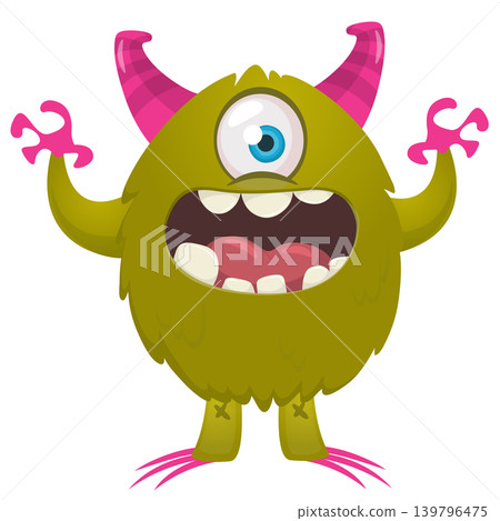 Cartoon scary monster with funny face expression waving hands . Vector illustration isolated on white. For Halloween party decoration or package design Cartoon scary monster with funny face expression waving hands . Vector illustration isolated on white. For Halloween party decoration or package design 139796475