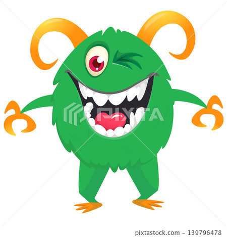 Cartoon scary monster with funny face expression waving hands . Vector illustration isolated on white. For Halloween party decoration or package design 139796478